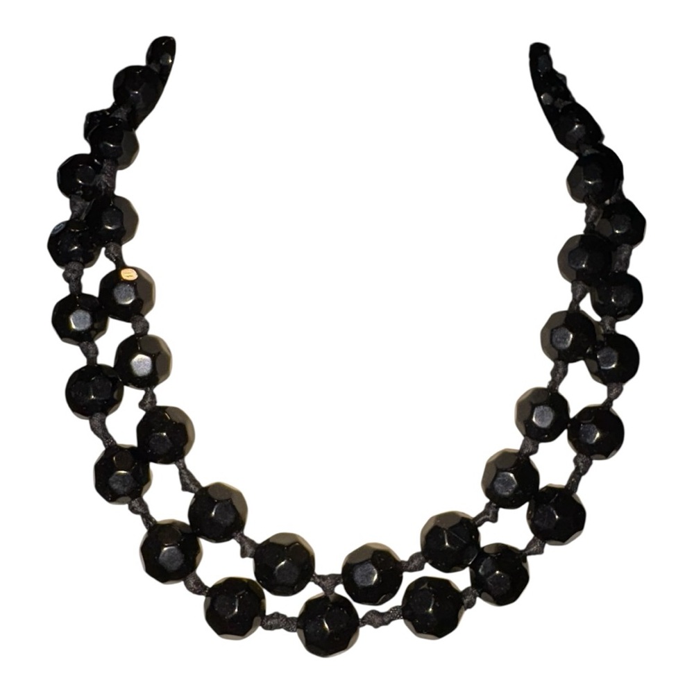 Vintage Faceted Black Bead Mourning  Necklace Double Strand 30” Knotted JB8